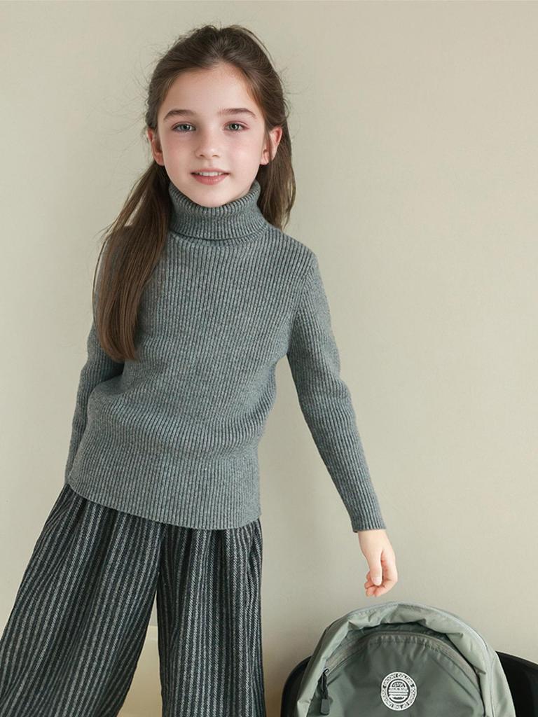 Girls' High Neck Knit Sweater - Stylish Long Sleeve Pullover for Medium & Large Children, Perfect Autumn & Winter Base Layer.