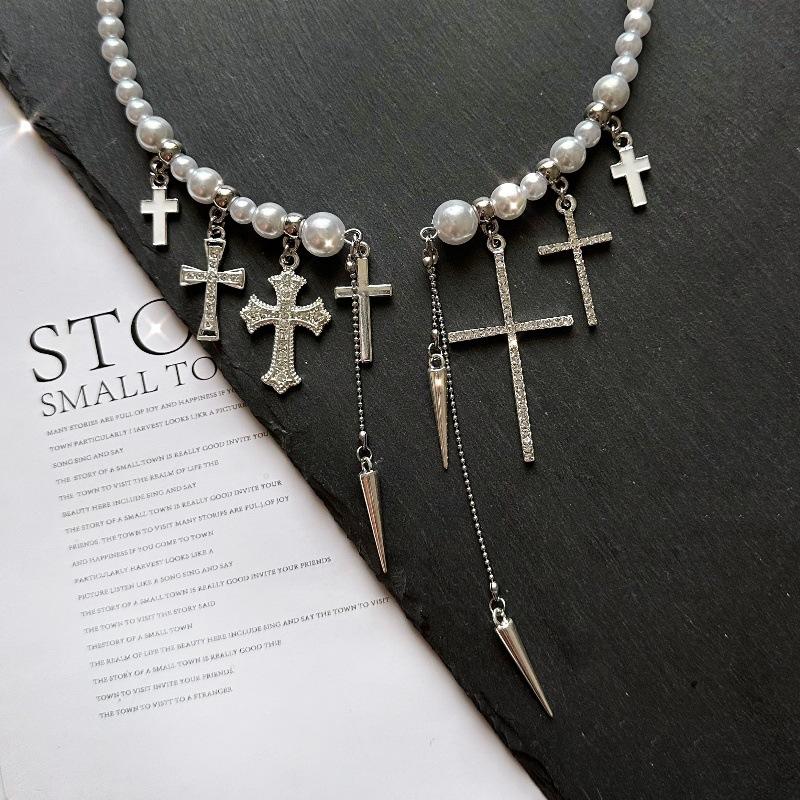 Gothic Cross Layered Pearl Diamond Necklaces Personalized Charm Necklaces Silver Chains Orthodox Cross Jewellery For Woman Statement Necklaces
