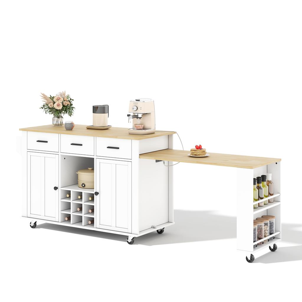 Kitchen island with pull-out worktop, 136(223)x50x93cm mobile kitchen island with 3 drawers, wine rack, socket with USB and 7 casters, white/oak