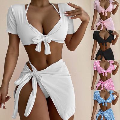 Women Fashion Bikini Set 4 Pieces Solid Swimwear Set Halter Backless Top Thongs Short Sleeves Lace Up Cover-ups Swimsuit Sexy Bathing Suit