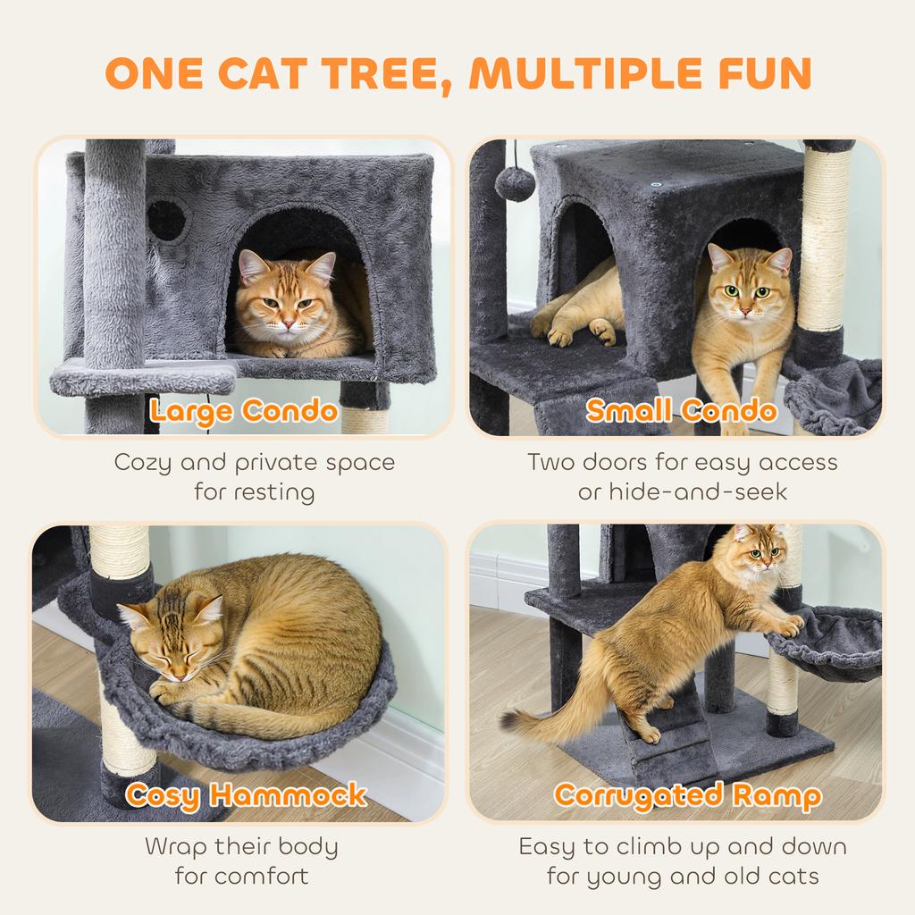 160cm Large Cat Tree Tower with Sisal Scratching Posts, Condos, Plush Perches, Hammock, Ladder, Dark Grey