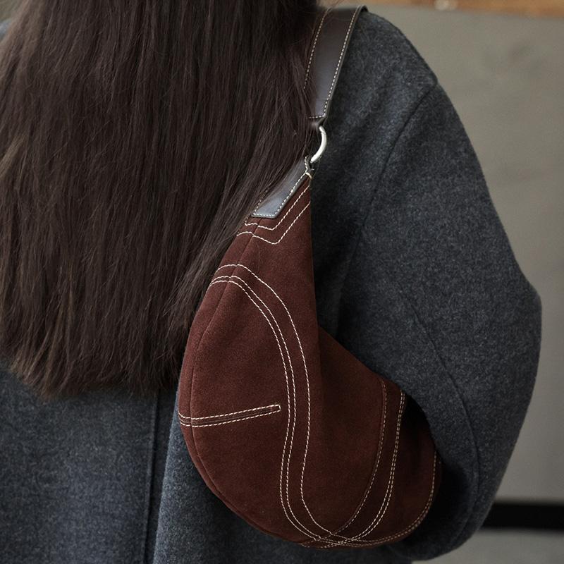 Luxury Women Suede Leather Hobo Shoulder Bag Vintage Half Moon Handbag Cross Body Daily Casual Underarm Purse Genuine Cowhide