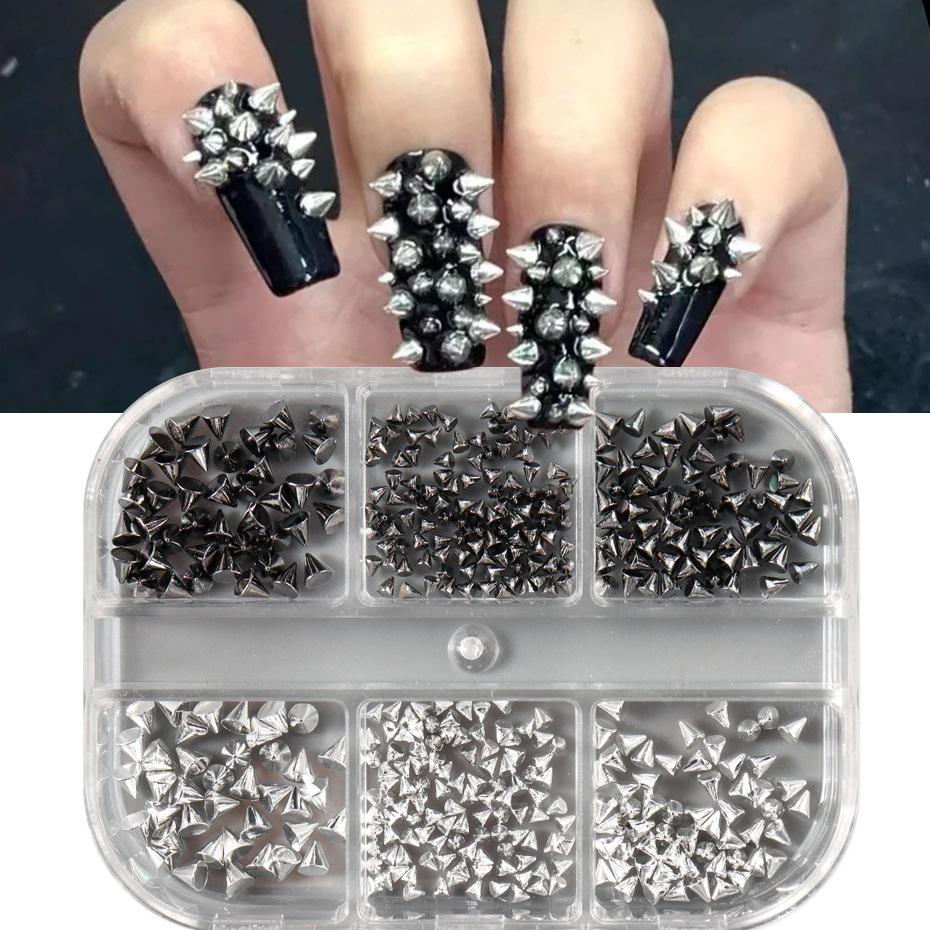Nail Art Jewelry 6-Grid Boxed Black Silver Rivet Punk Bullet Nail Art Jewelry