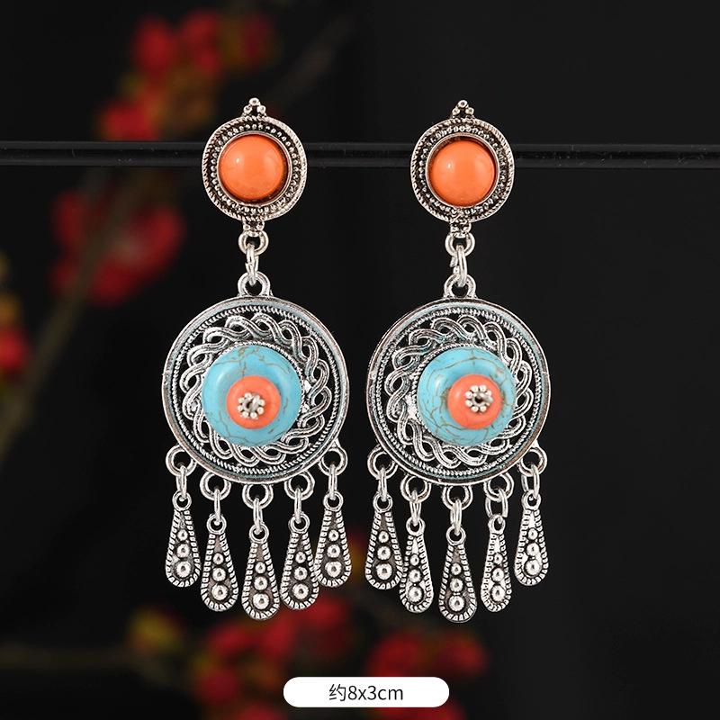 Mongolian minority stud earrings retro women's long tassel Tibetan silver earrings Tibetan exotic Chinese earrings