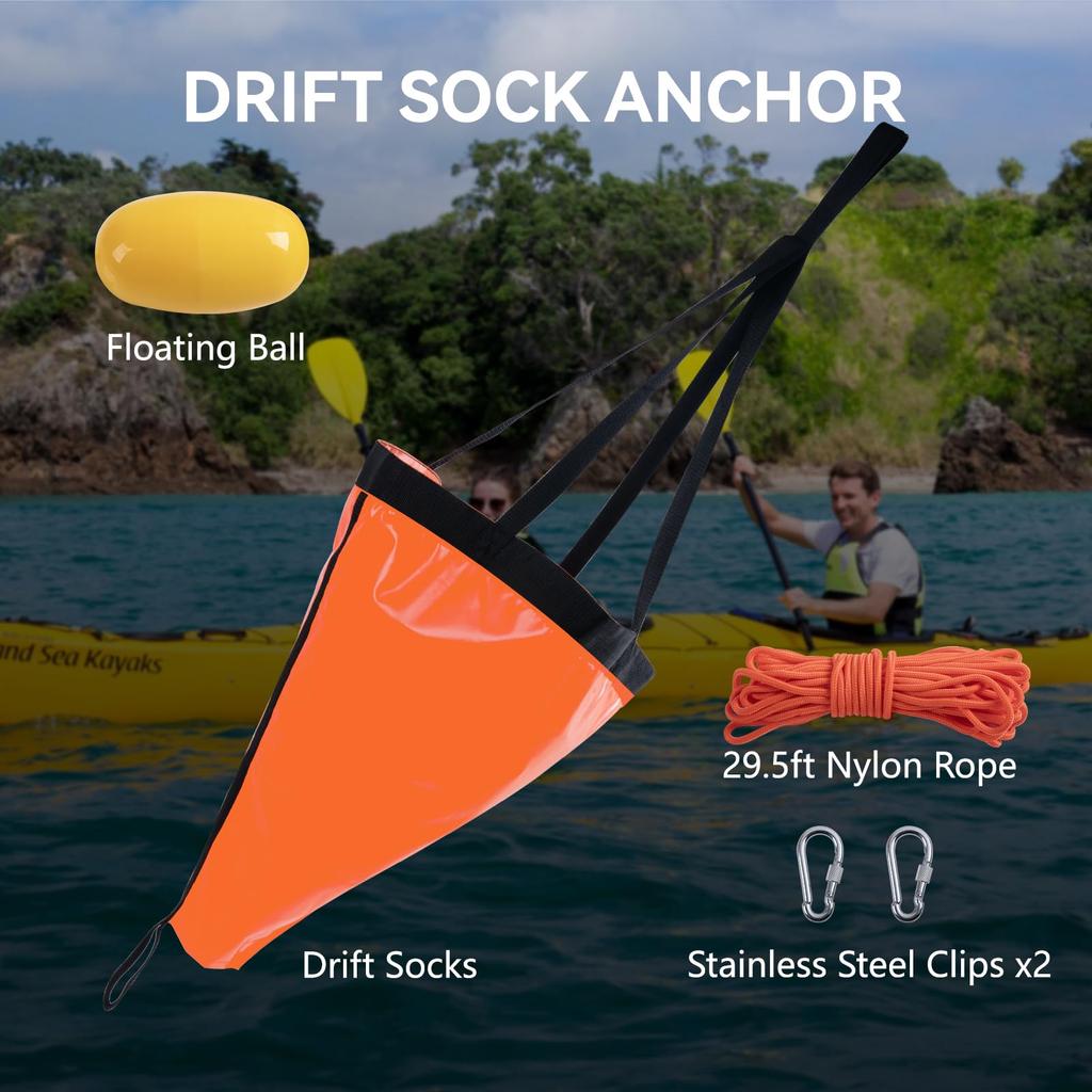 19”/24”/42”/53 Inch Drift Sock Sea Anchor Drogue with 30ft Kayak Tow Rope Line Buoy Ball for Fishing Boat Trolling Sock