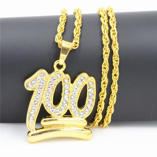 Men Hip Hop Twist Chain Rhinestone Number 100 Pendant Necklace Street Jewelry