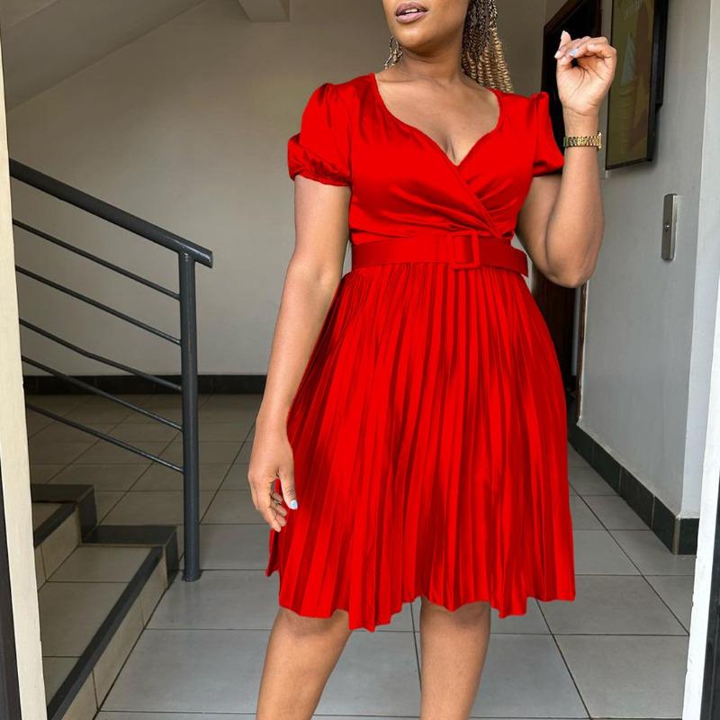 Women's Clothing with Belt Summer New V-neck Sexy Pleated Large-size Dress