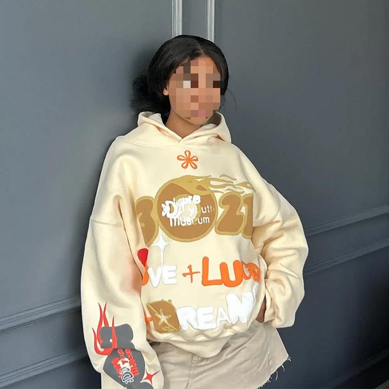 Autumn and Winter European and American Style Letter and Number Foam Printed Loose and Fashionable Street Top Hooded Sweatshirt
