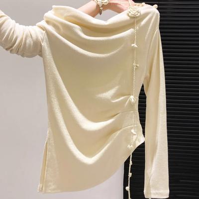 Hot Girl Swing Collar Sloping Shoulder Flower Lace Long Sleeve T-Shirt Women's 2025 Early Autumn New Pleated Waist Bottoming Top