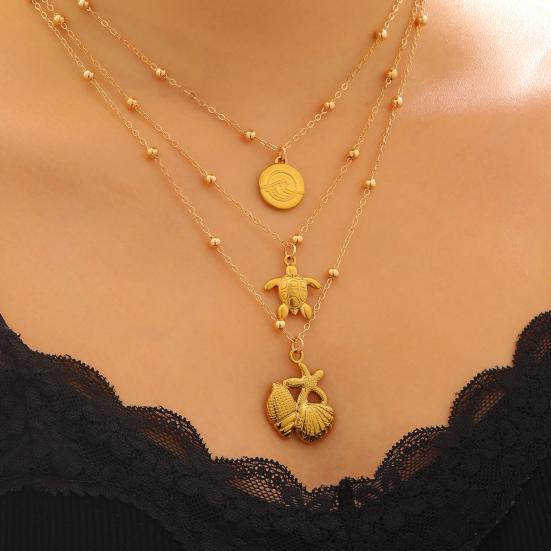 Colar Costeiro de 3 Camadas para Mulheres Pingente de Estrela do Mar Concha Tartaruga Colar de Férias de Verão Joia de Férias na Praia Presente