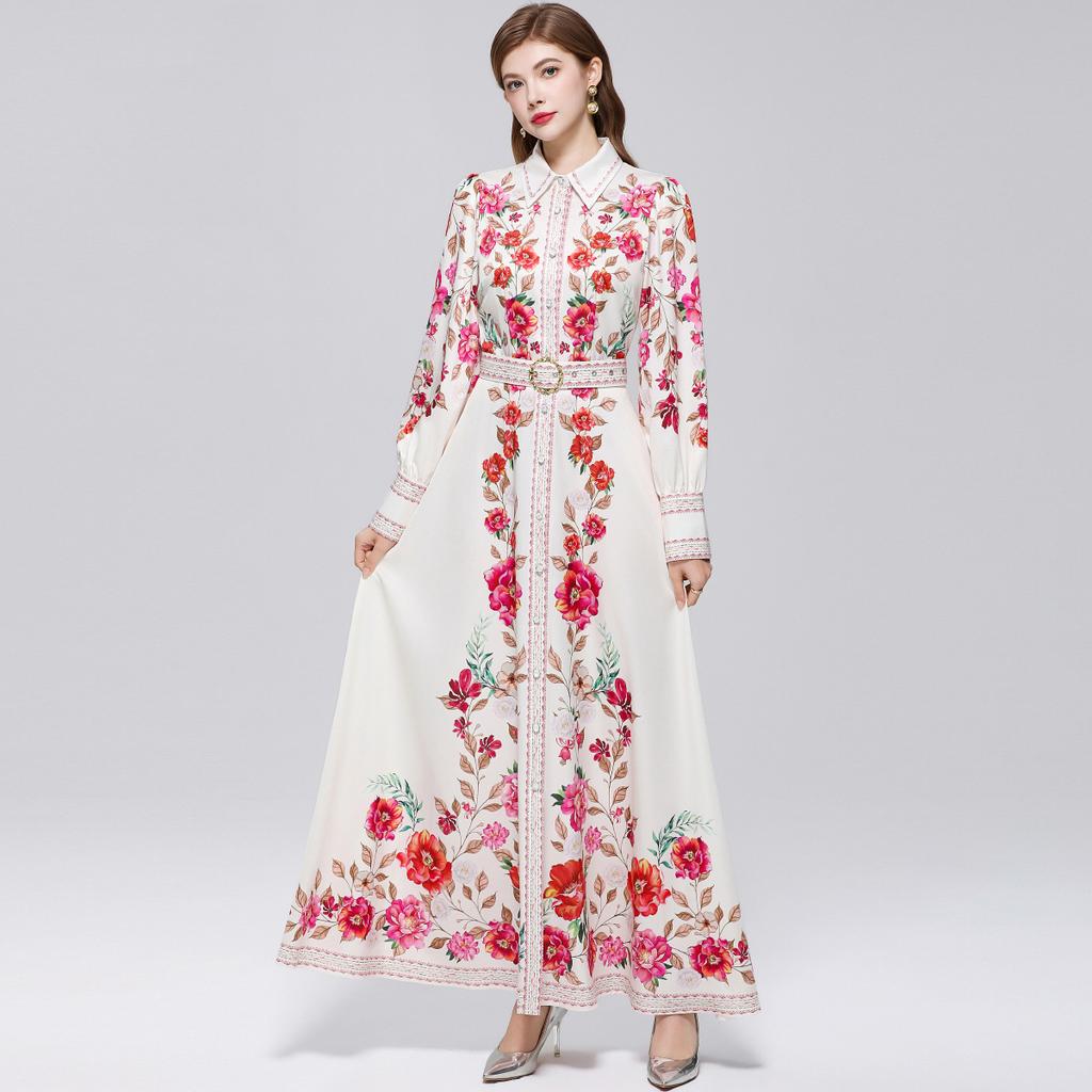 Spring Autumn French Holiday Style Long Sleeve Dress Shirt Women's Turn Down Neck Floral Print Single Breasted Belt Maxi Dress