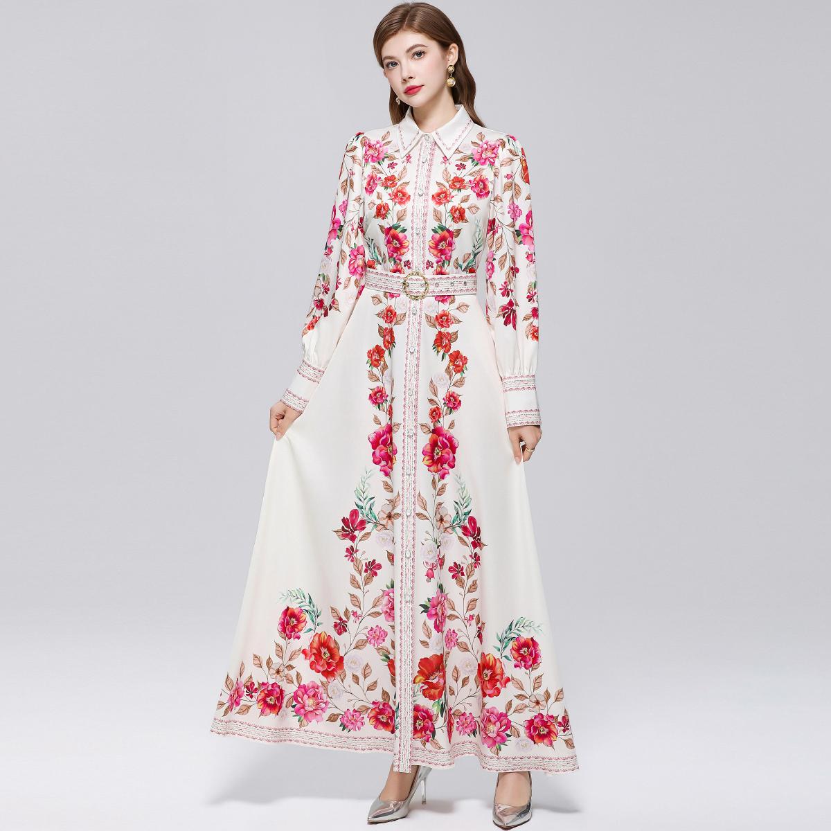 

Spring Autumn French Holiday Style Long Sleeve Dress Shirt Women s Turn Down Neck Floral Print Single Breasted Belt Maxi Dress S красный