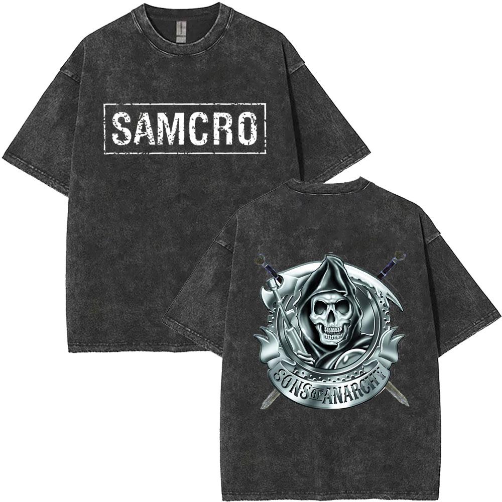 MXLLimited Anarchy Son Samcro Vintage Wash Tshirt Unisexs And Womens Skeleton Hip Hop Rock Casual Tshirt Short Sleeve Top