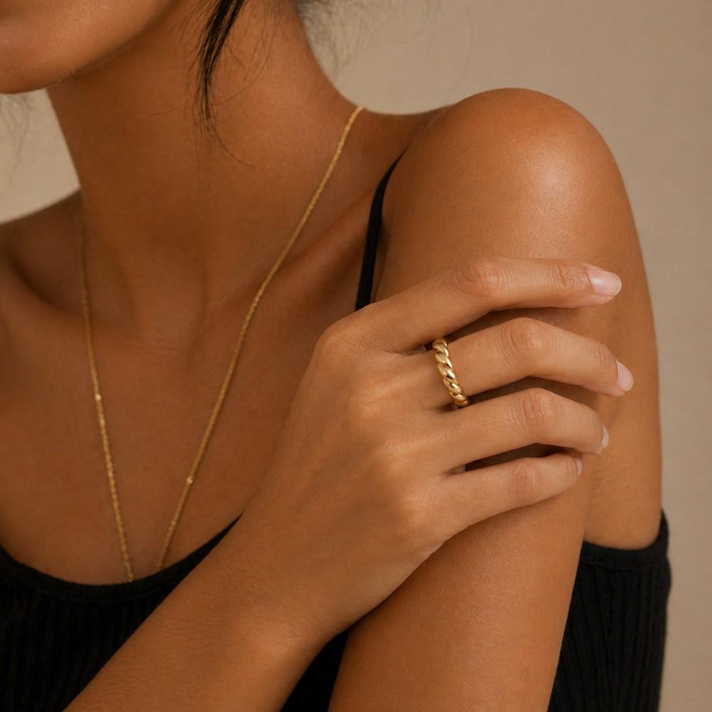 Elegant Golden Twisted Croissant Ring Unisex Design for Men and Women 18K Gold Plated Polished Geometric Round Chunky Jewelry