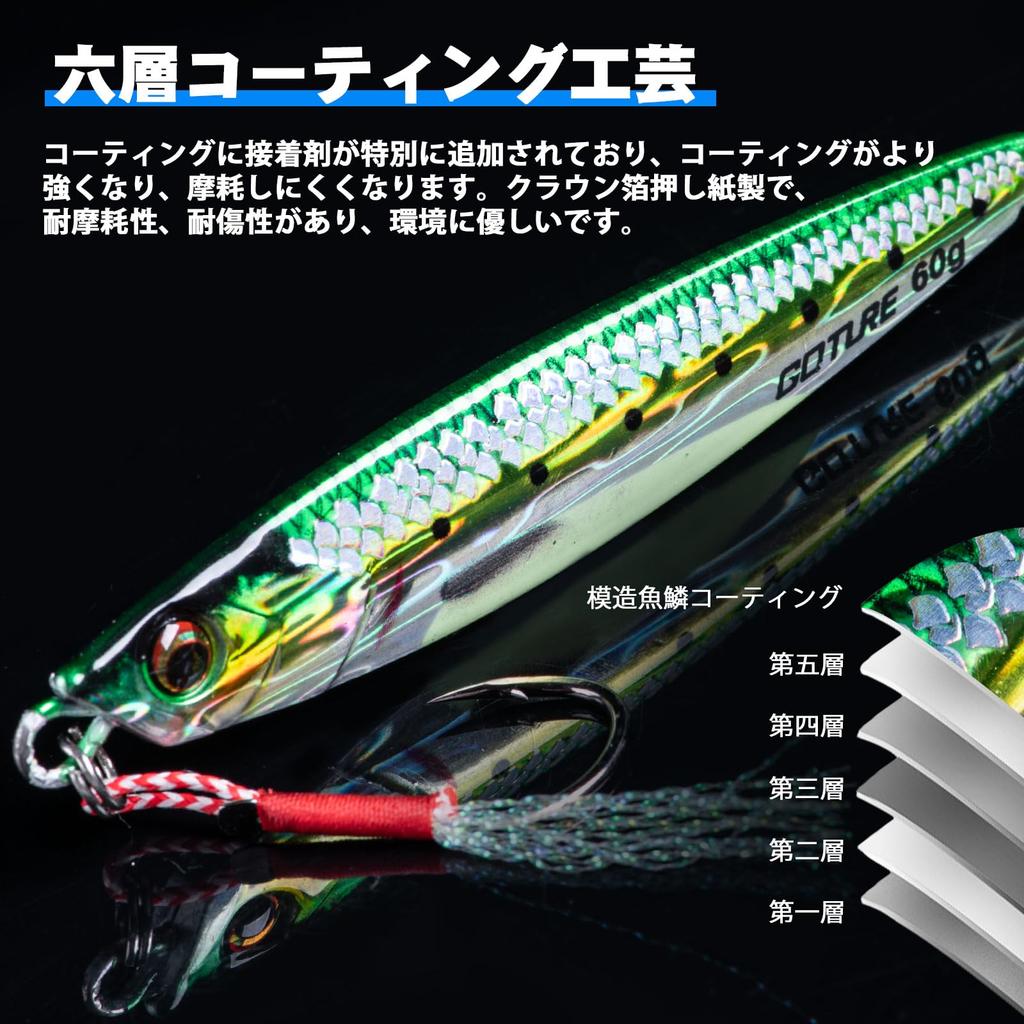 GOTURE Metal Jig with Triple Hook Jig Metal Jig Set Jig Sabiki Lure 5 Colors 60g 10cm