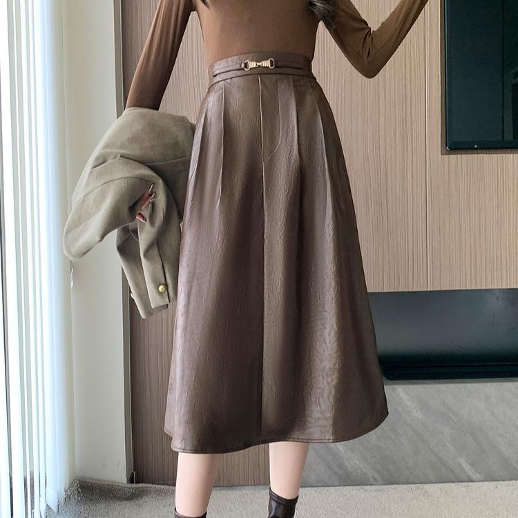 DIMANAF 2025 New Autumn Plus Size Long Women PU Skirts Elastic Waist Oversize Lady Elegant High Waist Skirts Solid