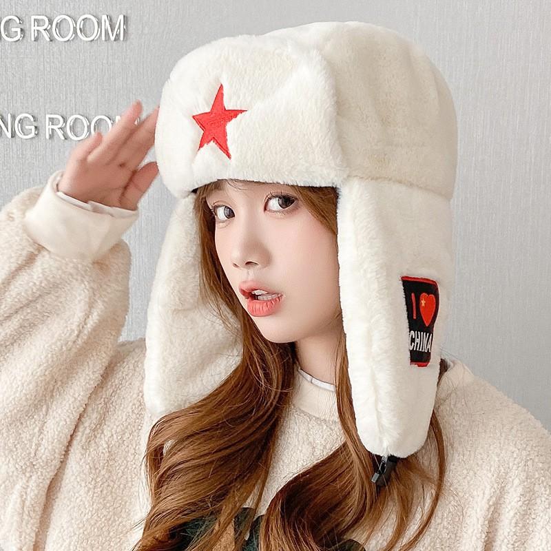 Warm Fleece Hat Women Men Winter Outdoor Cycling Windproof Ear Protection Cap With Red Star Design