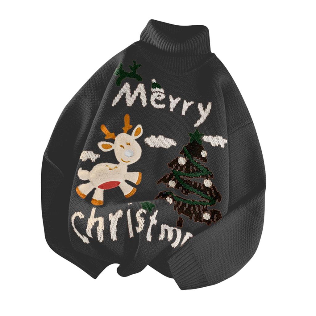 Damen-Winter-Pullover mit Stehkragen, Weihnachts-Hirsch-Druck-Pullover-Oberteil