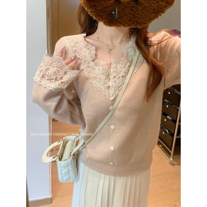Spring lace v-neck knitted bottoming shirt women's slim and thin inner top soft waxy age-reducing sweater