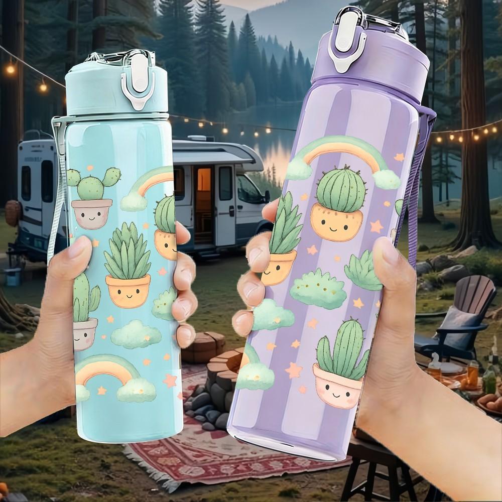 1PC Cactus Rainbow Repeat Pattern 750ml Color Plastic Sports Water Bottle Leakproof Flip Straw Lid Suitable for Sports Office Home Use