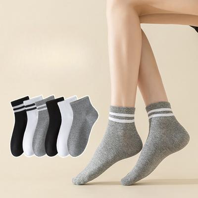 Short Socks, Solid-colored Cotton Socks for Autumn Girls, Women's Double-bar Striped Sweat-absorbing Boneless Sports Socks, Versatile Women's Socks