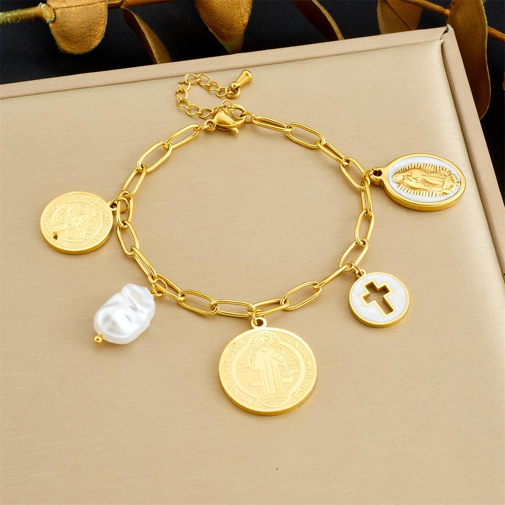 DIEYURO 316L Stainless Steel Golden Round Portrait Cross Pearl Pendant Bracelet For Women New Classic Wrist Chain Jewelry Gift