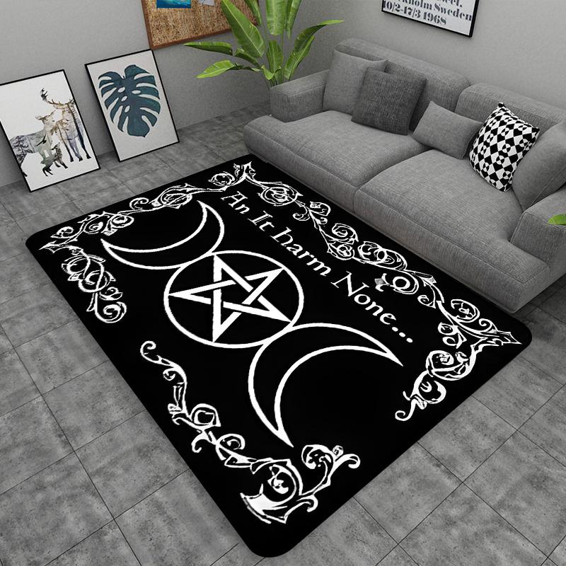 Triple Moon and Pentagram Altar or Tarot Witchy Floor Mat Black Witch Rug Gothic Decor Phases Divination Runic Carpet