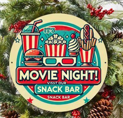 Movie Night Popcorn D Flat Round Metal Sign Retro Cinema Themed Wall Decor for Home Theater 20x20cm(8x8inch)