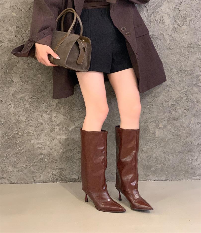 European and American Long Knight Boots Women's High-heeled Trouser Boots Autumn and Winter Thin Fashion Pointed Hot Girls But Knee Thin Heel Boots