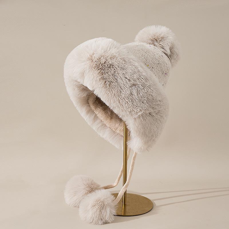 Imitation Fur Shows The Face with Small White Rabbit Fur and Velvet Lei Feng Hat for Women In Winter Cycling Warm Windproof Ear Protection Ski Hat