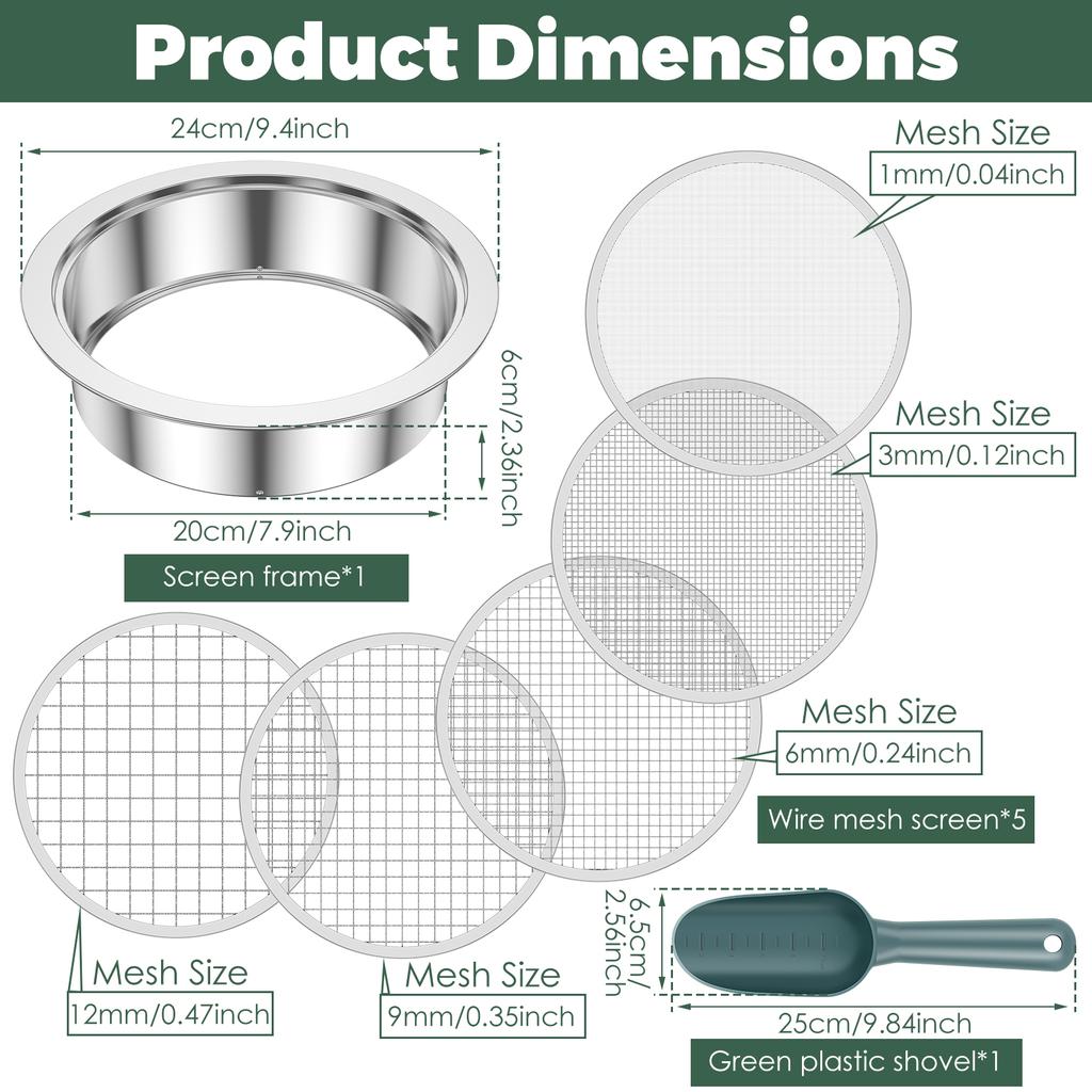 Garden Soil Sieve Set Stainless Steel Rock Sifter Screen with 1/3/6/9/12 mm Replaceable Sieve Mesh Garden Plant Nursery Tools