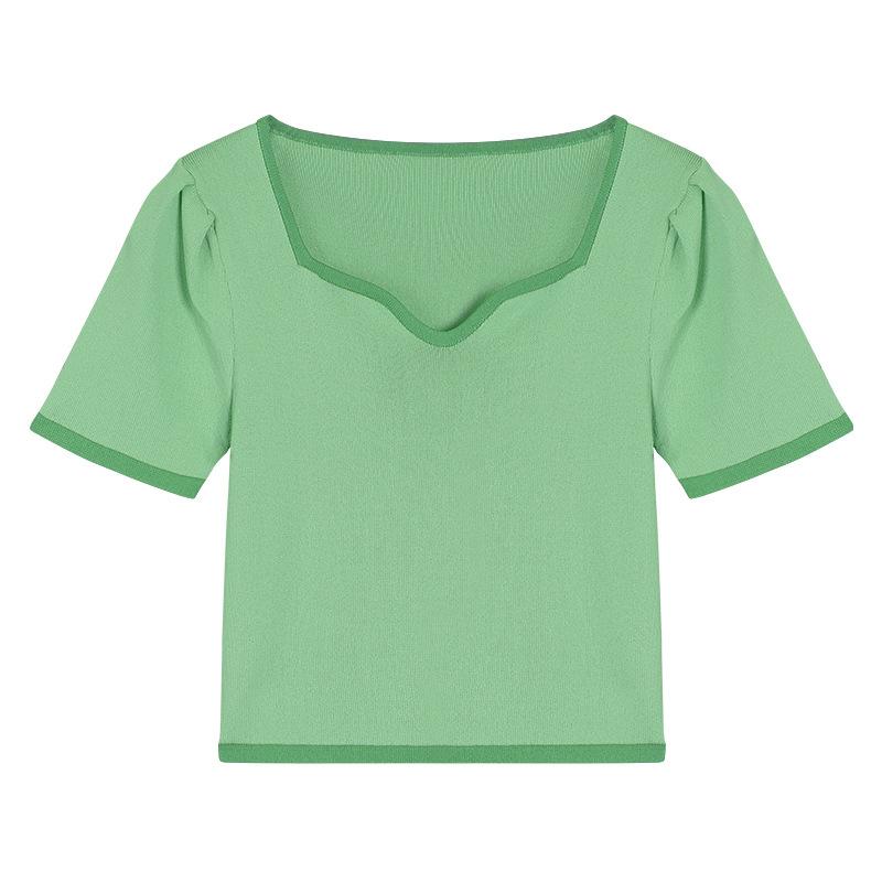 Design Sense Square Neck Knitted Short-sleeved T-shirt Tops Spring and Summer Slim Bottoming Shirt Female Casual Essential Slim Fit Pullovers Tees