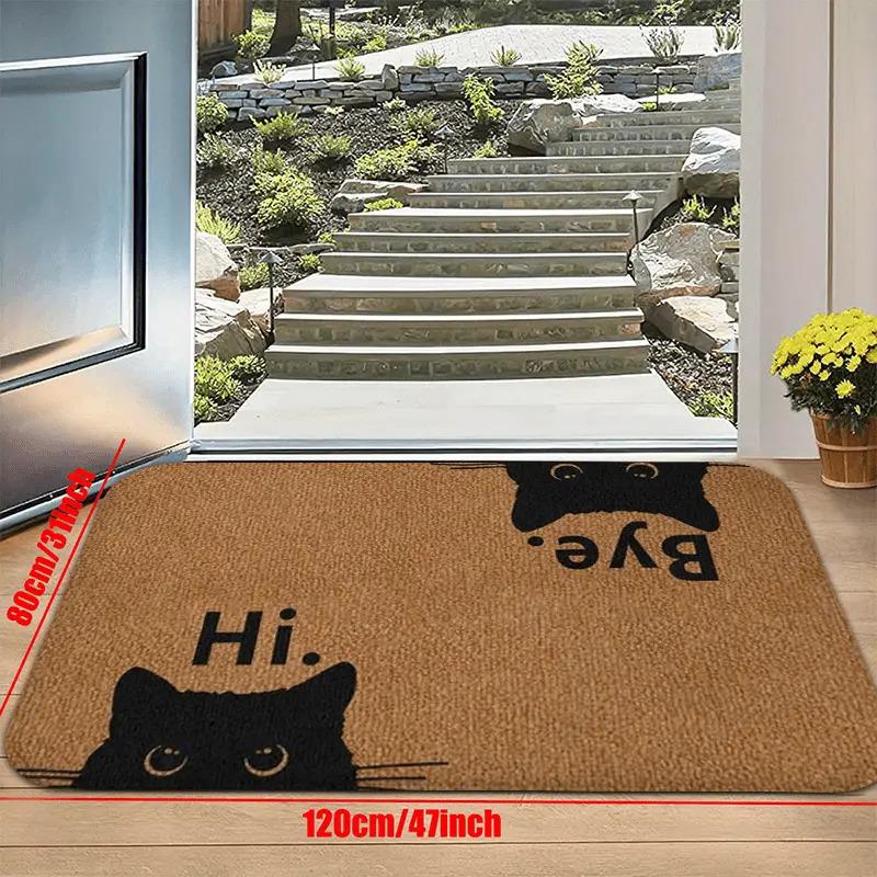 VIKAMA Doormat With ‘Hi’ And ‘Bye’ Text Adorable Black Cat Face Door Mat Machine Washable And Easy To Clean Home Decoration