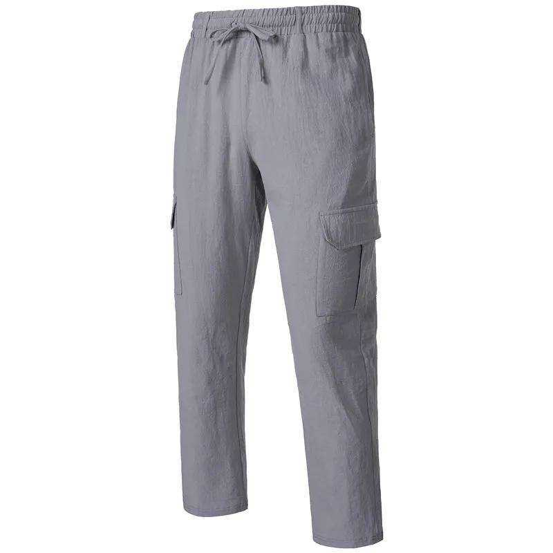 Men's Casual Trousers Loose Comfortable Cargo Pants Pants Man Cotton Linen Multi-pocket Straight Trousers Beach Thin Men Pants