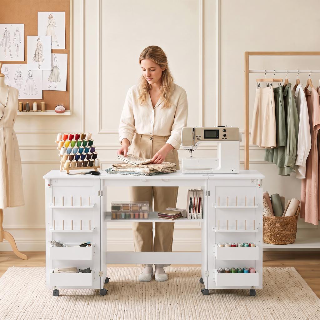 Foldable Sewing Table with 2 Magnetic Doors, Rolling Craft Table with 4 Boxes, 20 Holding Pins, Storage Compartment, White