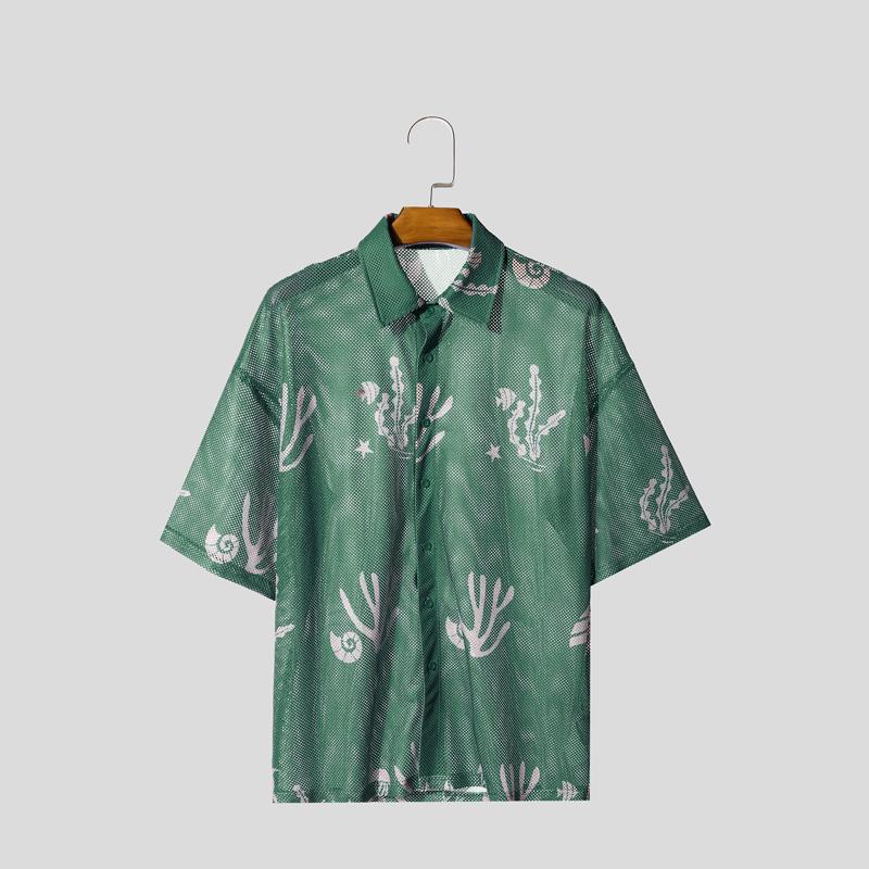 INCERUN Herren Kurzarm Hemd zum Knöpfen Ausgeschnitten mit Print Sommer Herren Hemden Streetwear