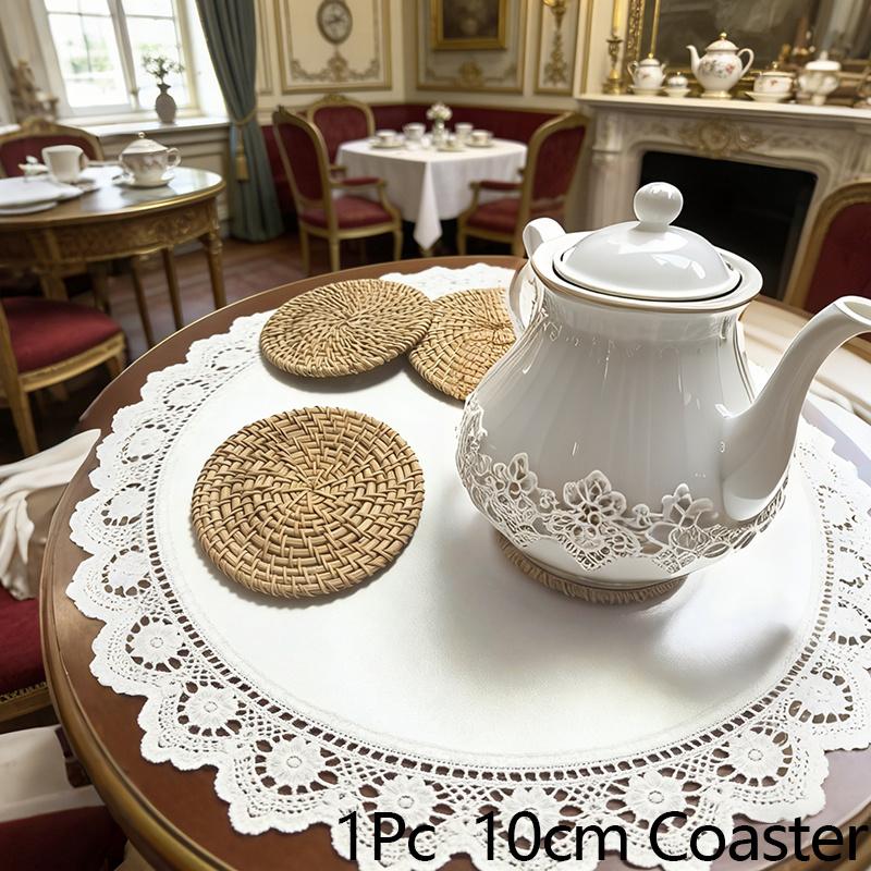 Retro Style Round Rattan Coasters - Natural Woven Fabric Placemats for Home And Kitchen Decor, Perfect for Dining Tables