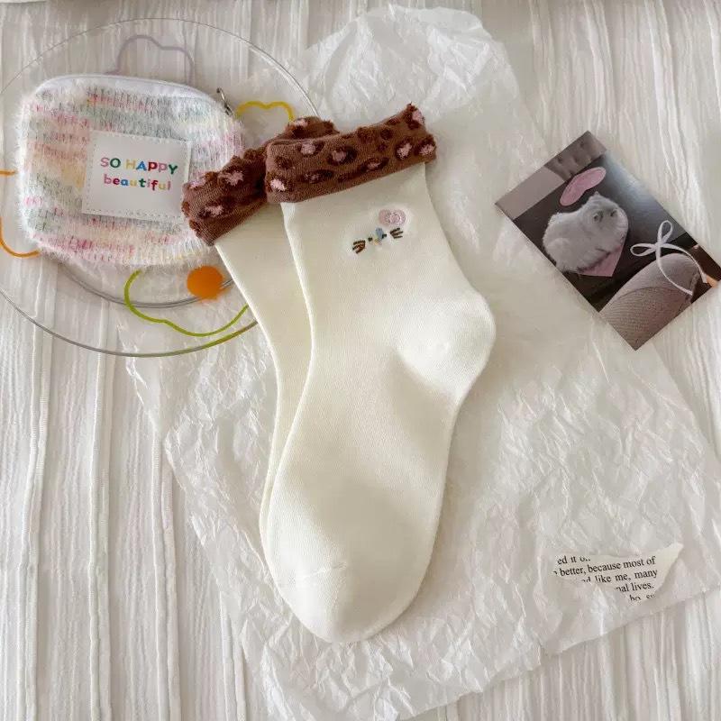 Cartoon Embroidery Cat Twist Rolled Hem Socks Leopard Print Cuffed Mid-Leg Socks Fashionable Wear Piles Of Socks Outside