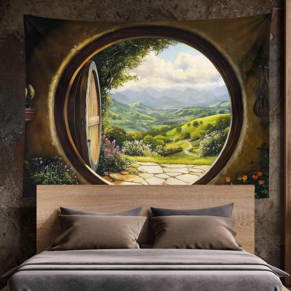 Hobbit Shire Window View Tapestry Fantasy Countryside Background Living Room Atmosphere Room Decoration