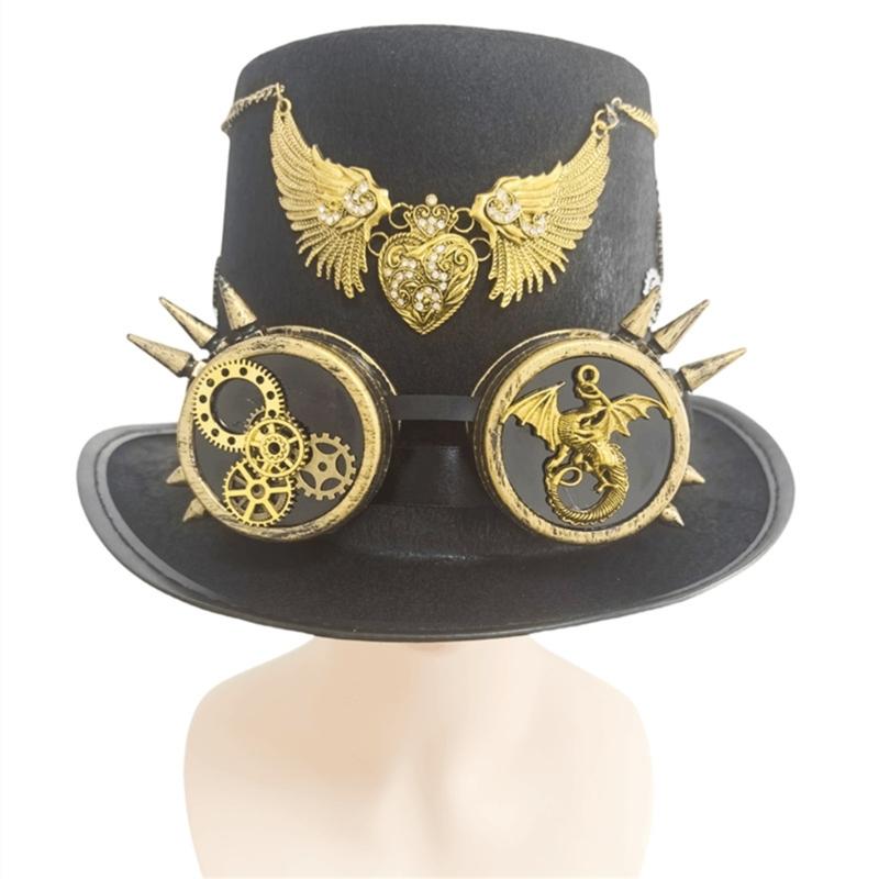 Gothic Top Hat With Metallic Goggles Gear And Winged Heart Design Tall Hat For Costume Parties Photography Headpiece