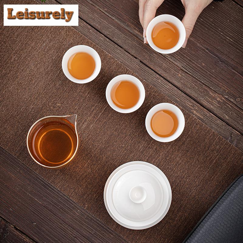 Dehua Sheep Fat Jade White Porcelain Tea Set Kit Handmade 1 Pot 4 Cups Tea Maker Travel Tea Set Portable Camping Tote Bag Gifts
