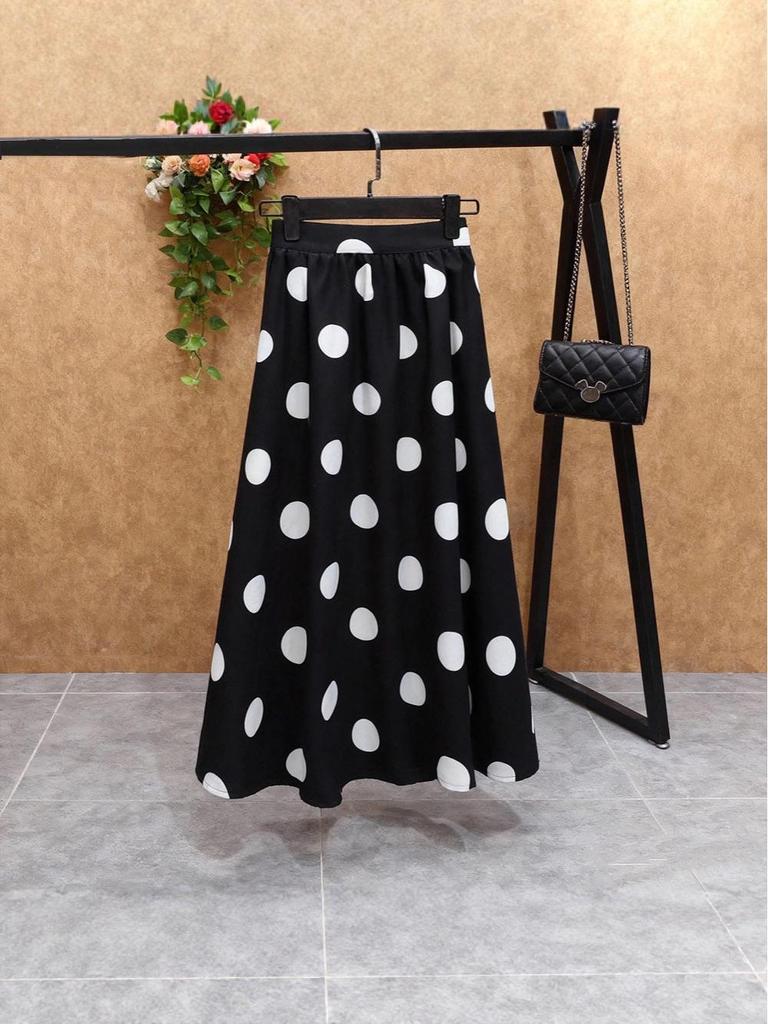 High-Waist French Polka Dot A-Line Midi Skirt with Drape for Women