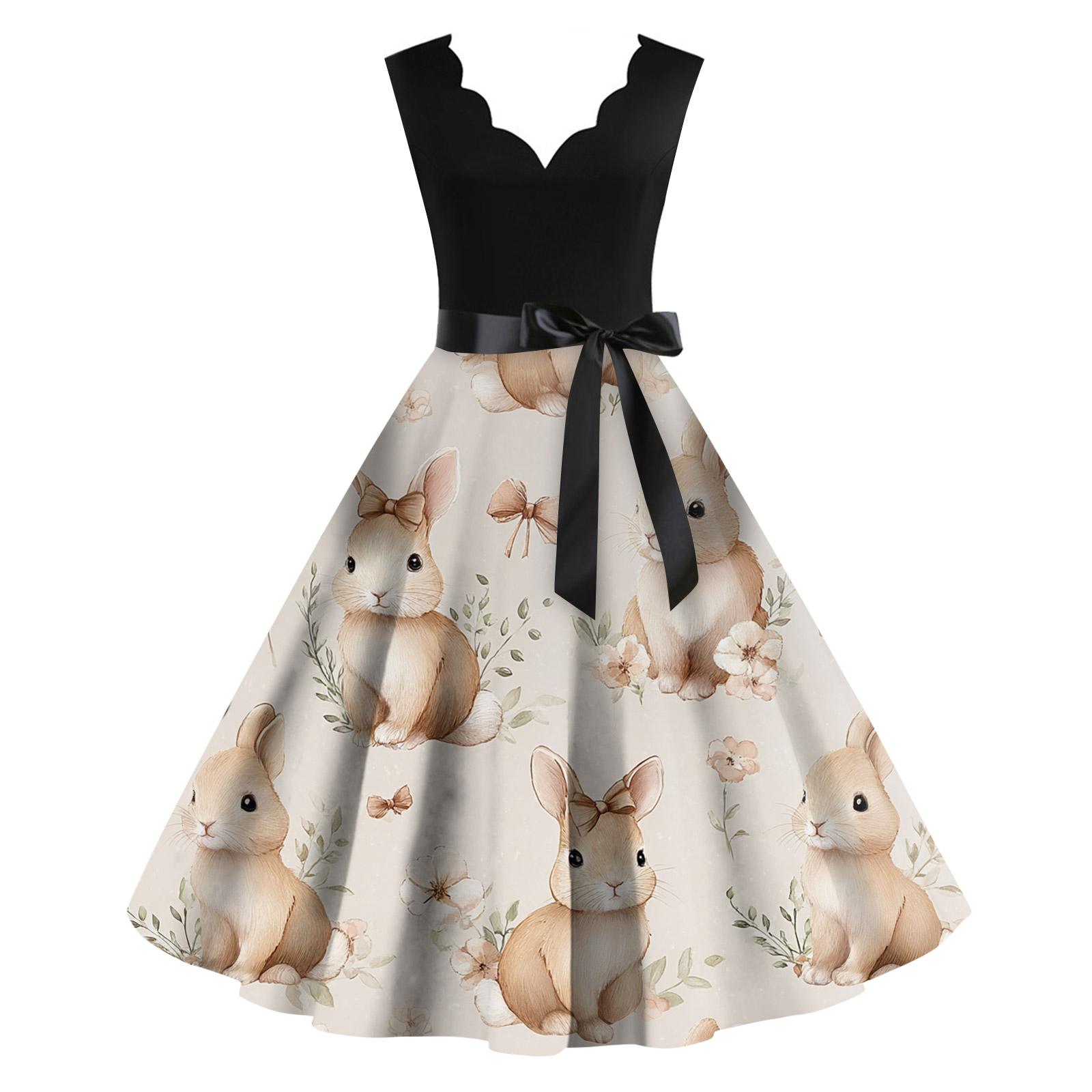 

Женское повседневное модное ретро-платье с V-образным вырезом и пасхальным принтом L