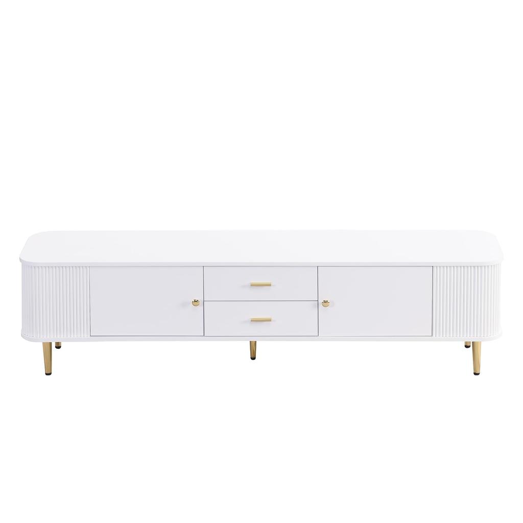 Dulap TV, cu laterale ondulate și mânere aurii, 2 uși, 2 sertare, design modern, colțuri rotunjite, sigur și funcțional, pentru living