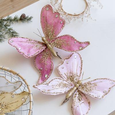 Handmade Christmas Butterfly Pendant With Clip Simulation Glitter Butterfly Ornament DIY Christmas Tree Pendant New Year Gifts