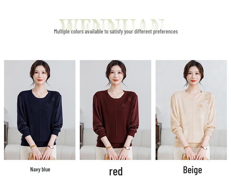 Mom's Gauze Sleeve Long-Sleeve Knit Top for Middle-aged Women - Lightweight Spring/Autumn Wear