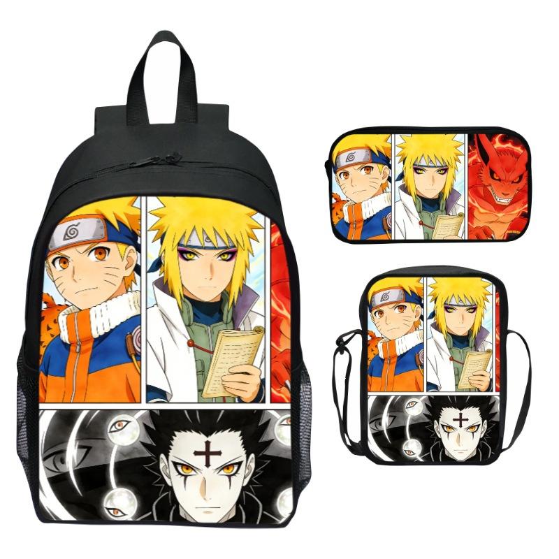 Set Zaino Anime Naruto 3 Pezzi Zaino Scuola Elementare Cartone Animato Stampato Leggero Multitasche