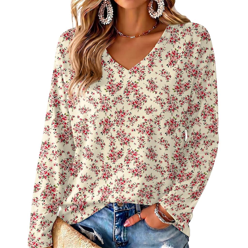Women's V-Neck Long Sleeve Print Lightweight Blouse for Spring and Summer