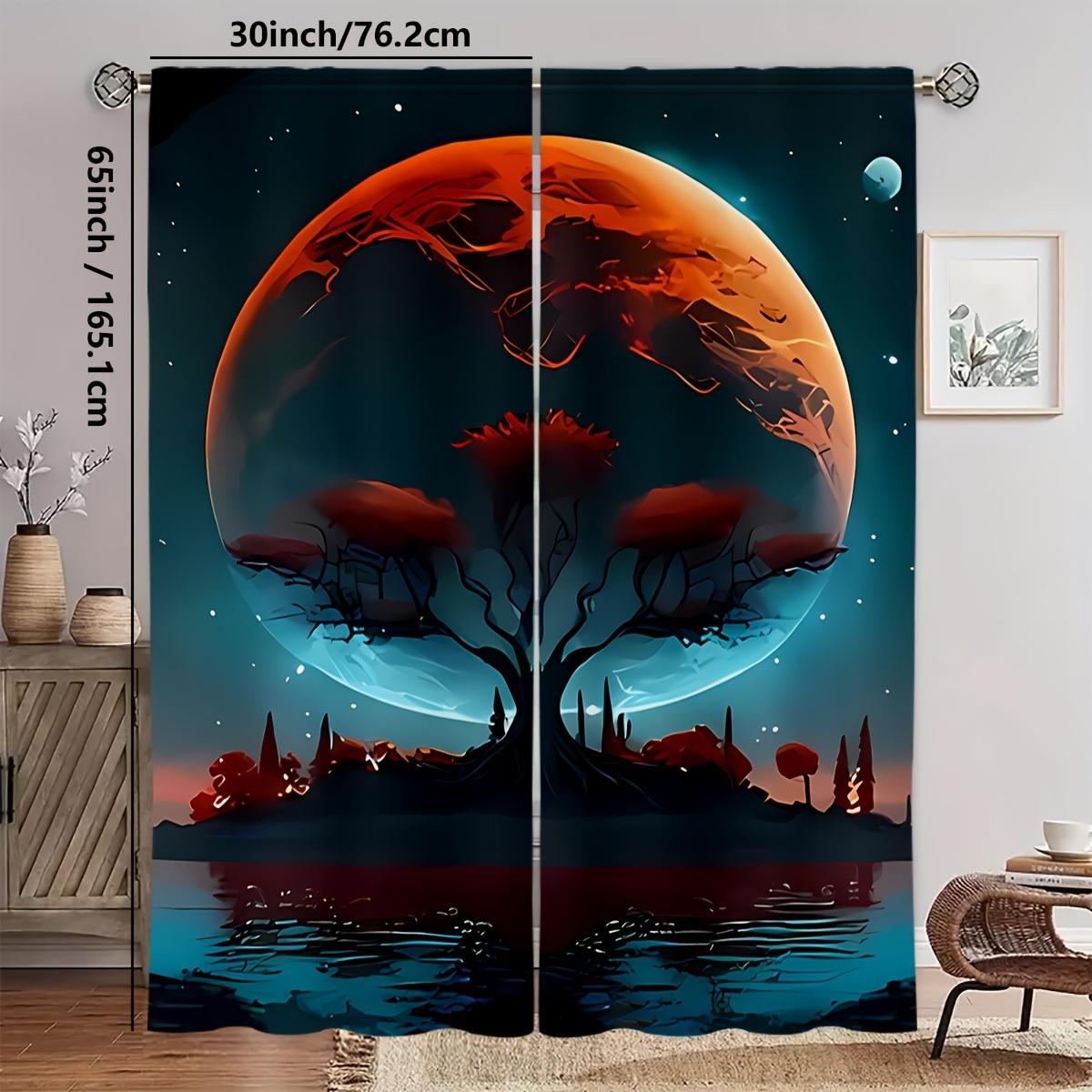 

Set Tree Planet Design Curtains Polyester Fiber Rod Shaped Pocket Can Be Easily Hung Very Suitable Curtain Of 2 Made Washable W100*H70(CM)-Hooks&1PCS
