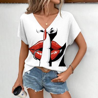 Sommer Damen Lippen bedrucktes T-Shirt Modische V-Ausschnitt Oberteile Tees Damen Lässig Stilvoll Kurzarm Kleidung Dame Vintage Outfit
